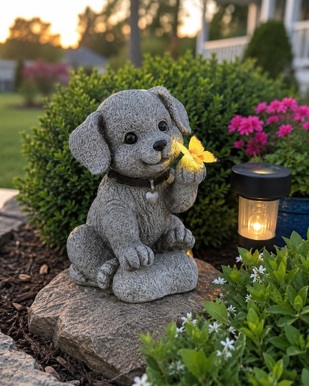 Solar Dog Garden Statue Gray Puppy with Butterfly Outdoor Decor
